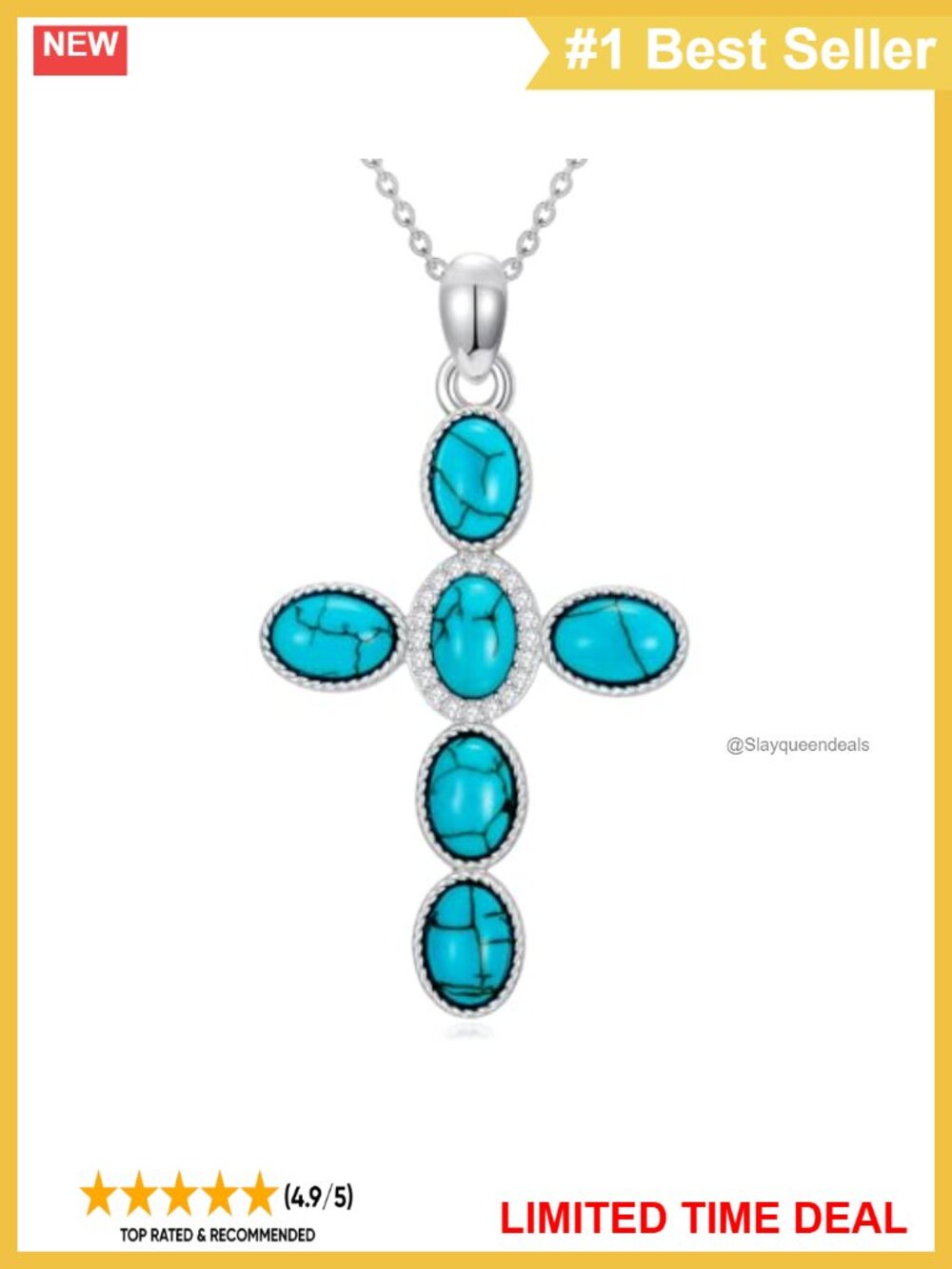 Sterling Silver Genuine Turquoise Cross Pendant Necklace 925
